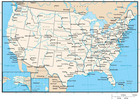United States Digital Vector Map with State Areas, Major Rivers, and Capitals