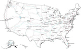 USA Black & White Map with Capital, Major Cities, Roads, and Water Features