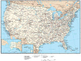 USA Map Curved Projection with Capitals, Cities, Roads, and Water Features