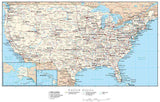 USA Map Rectangular Projection with Capitals, Cities, Roads and Water Features