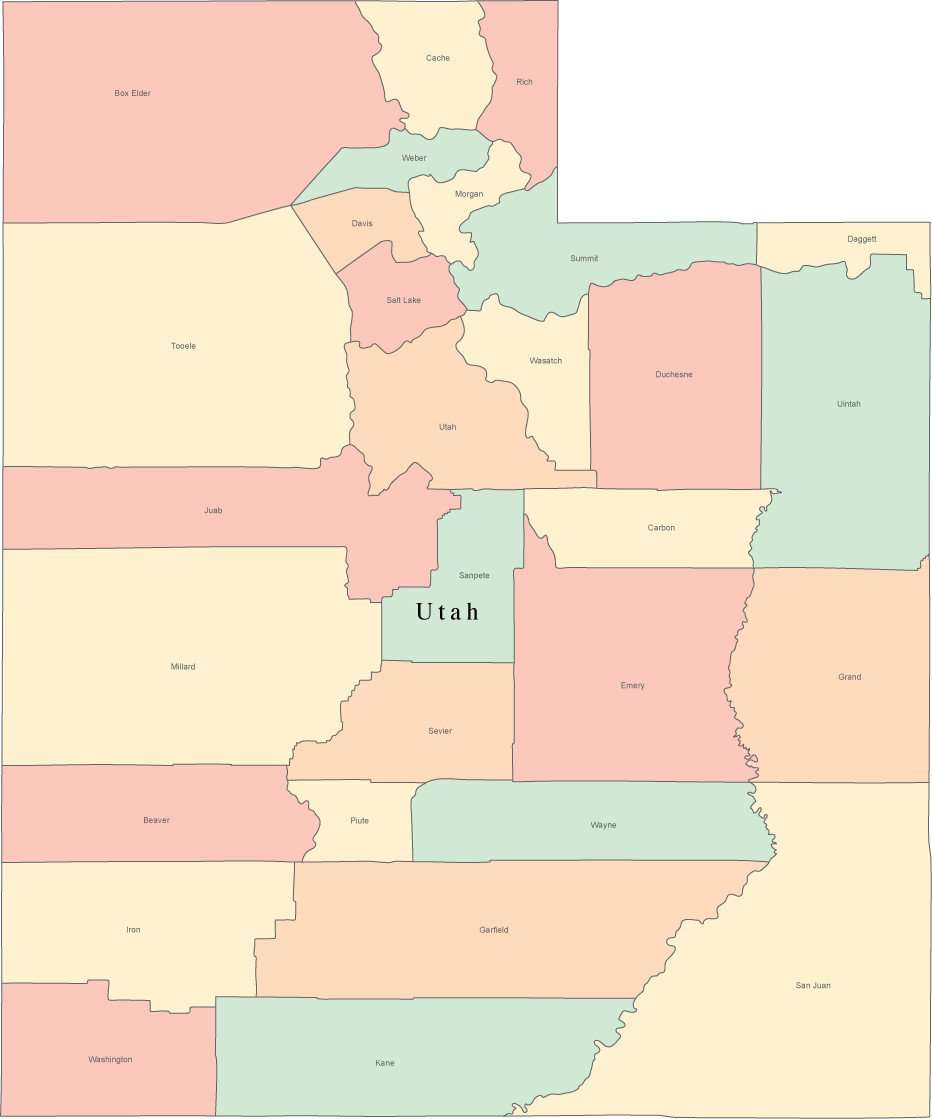 Ut Counties Multi Color Utah Map with Counties and County Names