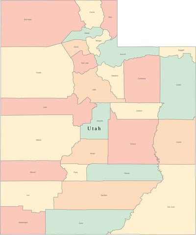 Multi Color Utah Map with Counties and County Names