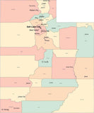 Multi Color Utah Map with Counties, Capitals, and Major Cities