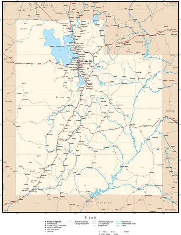 Utah Map with Capital, County Boundaries, Cities, Roads, and Water Features