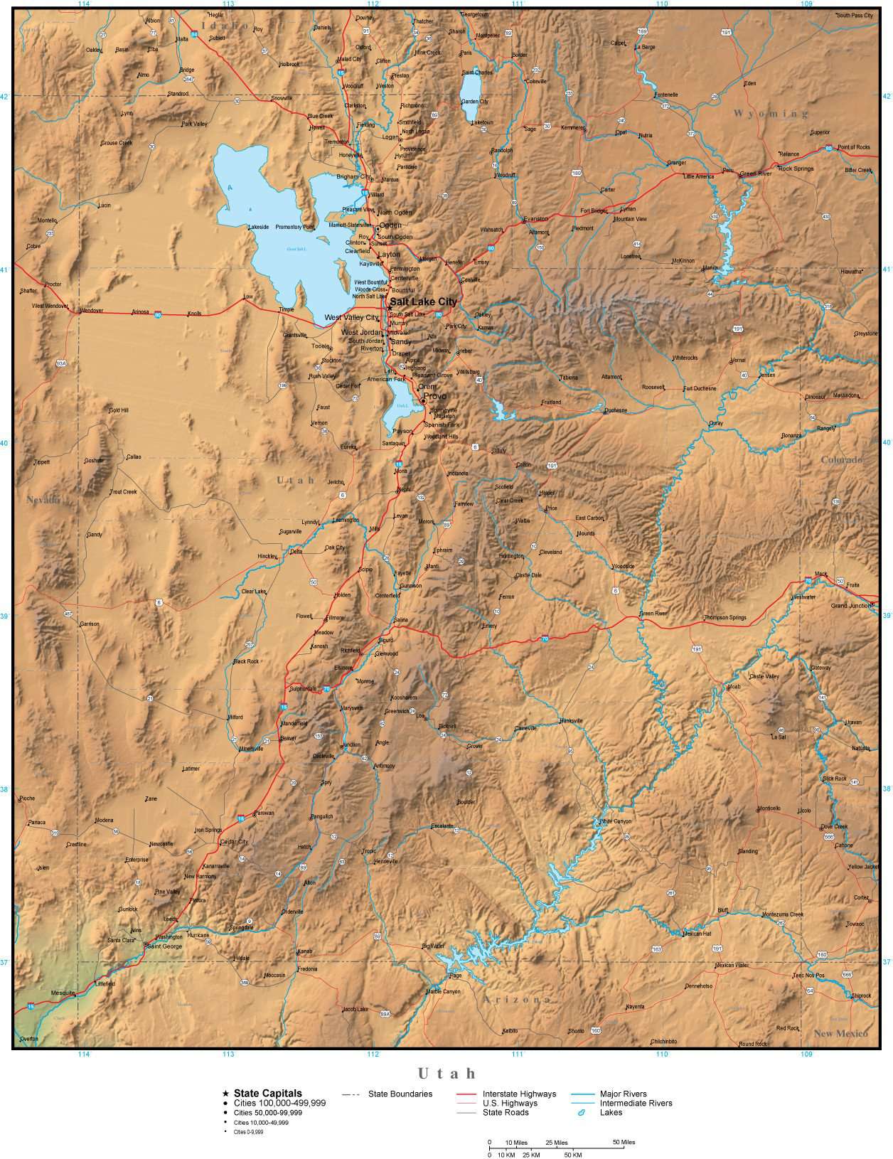Utah State Map Plus Terrain with Cities & Roads