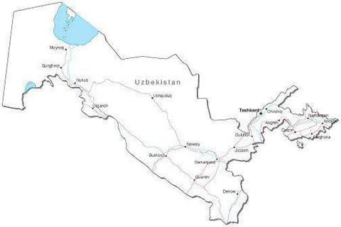 Uzbekistan Black & White Map with Capital, Major Cities, Roads, and Water Features