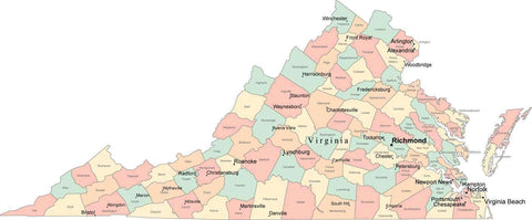 Multi Color Virginia Map with Counties, Capitals, and Major Cities