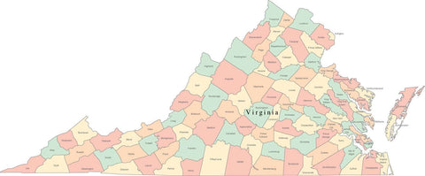 Multi Color Virginia Map with Counties and County Names