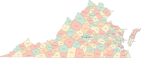 Multi Color Virginia Map with Counties and County Names