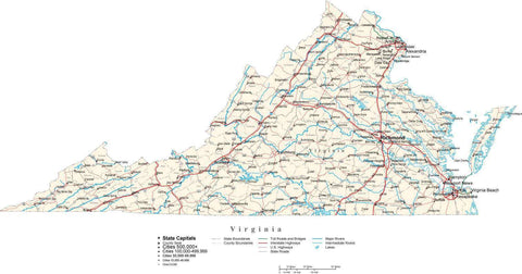 Virginia Map - Cut Out Style - with Capital, County Boundaries, Cities, Roads, and Water Features