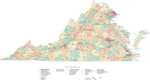 Detailed Virginia Cut-Out Style Digital Map with Counties, Cities, Highways, and more