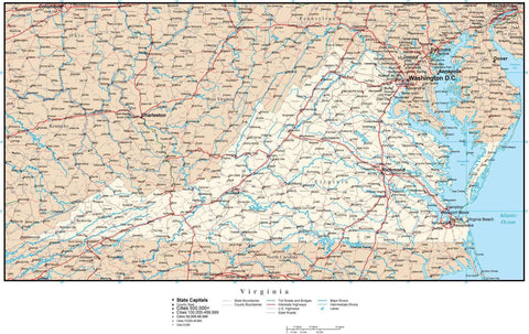 Virginia Map with Capital, County Boundaries, Cities, Roads, and Water Features