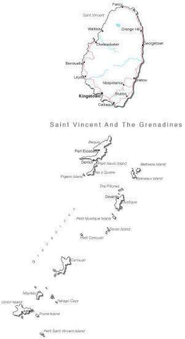 Saint Vincent & Grenadines Black & White Map with Capital, Major Cities, Roads, and Water Features