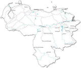 Venezuela Black & White Map with Capital, Major Cities, Roads, and Water Features