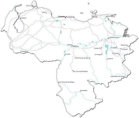 Venezuela Black & White Map with Capital, Major Cities, Roads, and Water Features