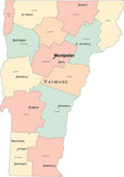 Multi Color Vermont Map with Counties, Capitals, and Major Cities