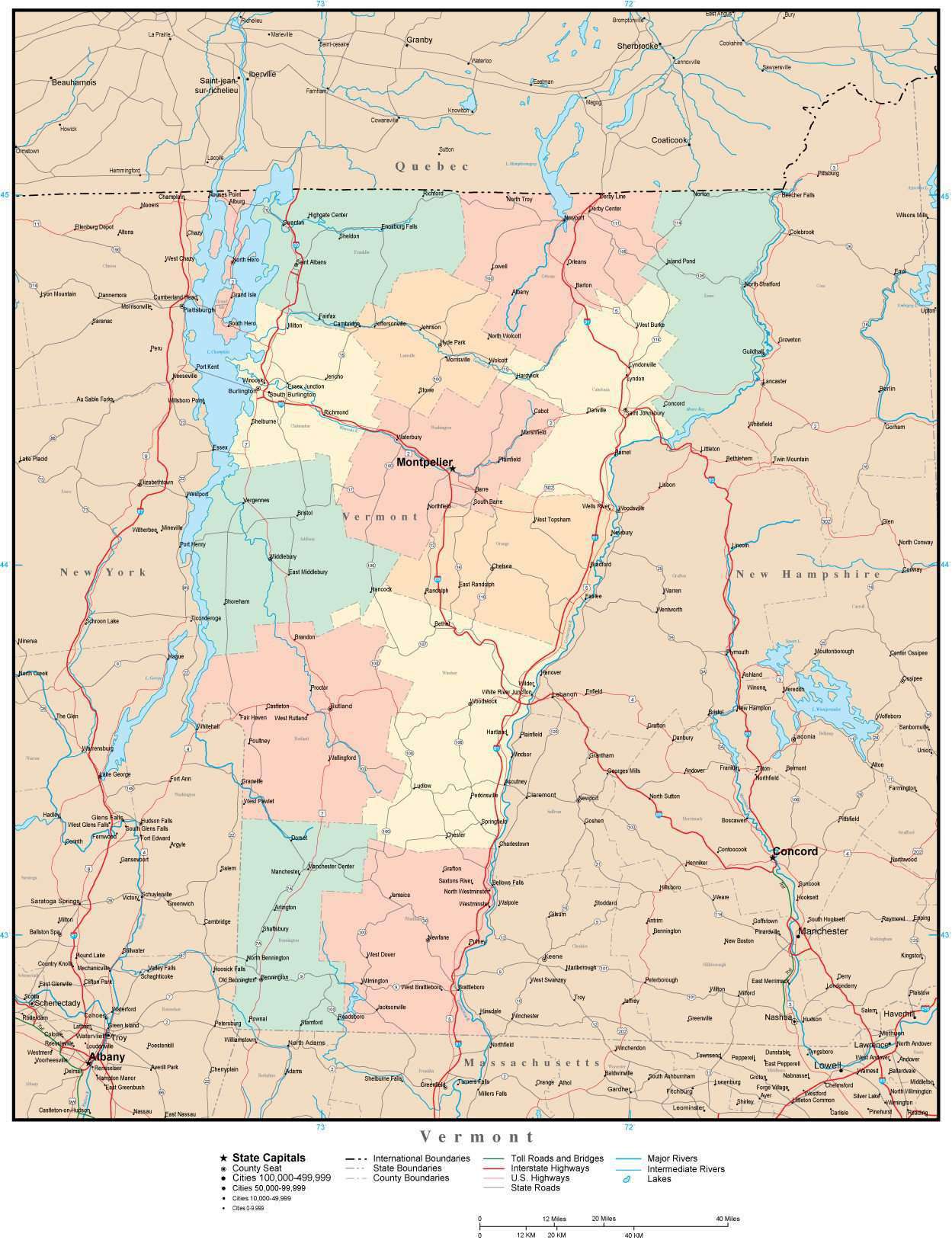 Vt H Map Vermont Adobe Illustrator Map with Counties, Cities, County Seats ...