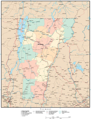 Vermont Map with Counties, Cities, County Seats, Major Roads, Rivers and Lakes