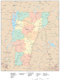 Detailed Vermont Digital Map with Counties, Cities, Highways, Railroads, Airports, and more