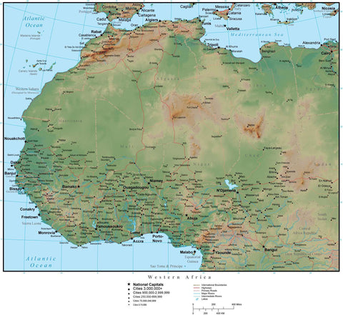 Western Africa Terrain map in Adobe Illustrator vector format with Photoshop terrain image W-AFRI-952813