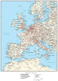 Western Europe Map with Country Boundaries, Capitals, Cities, Roads and Water Features
