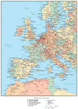 Western Europe Map with Countries, Capitals, Cities, Roads and Water Features