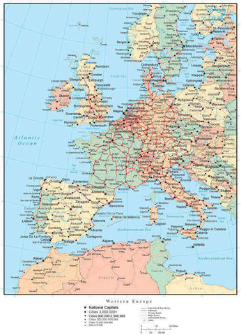 Western Europe Map with Countries, Capitals, Cities, Roads and Water Features