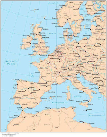 Single Color Western Europe Map with Countries, Capitals, Major Cities and Water Features