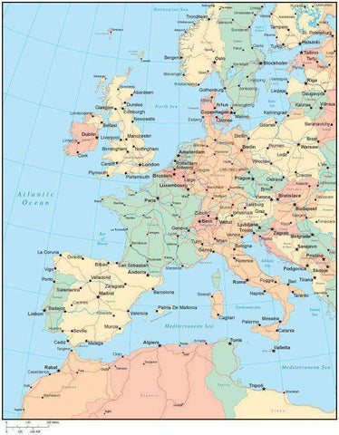 Multi Color Western Europe Map with Countries, Capitals, Major Cities and Water Features
