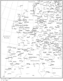 Black & White Western Europe Map with Countries, Capitals and Major Cities - W-EURO-533944