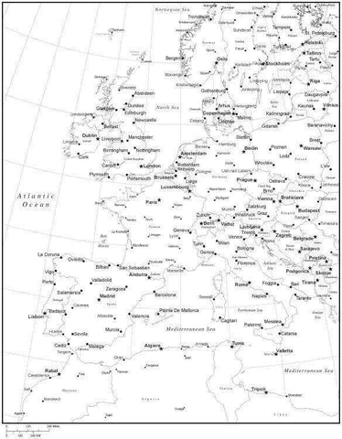 Black & White Western Europe Map with Countries, Capitals and Major Cities - W-EURO-533944