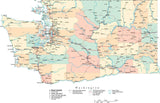 Washington State Map - Multi-Color Cut-Out Style - with Counties, Cities, County Seats, Major Roads, Rivers and Lakes