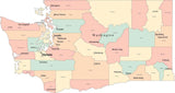 Multi Color Washington Map with Counties, Capitals, and Major Cities