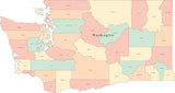 Multi Color Washington Map with Counties and County Names