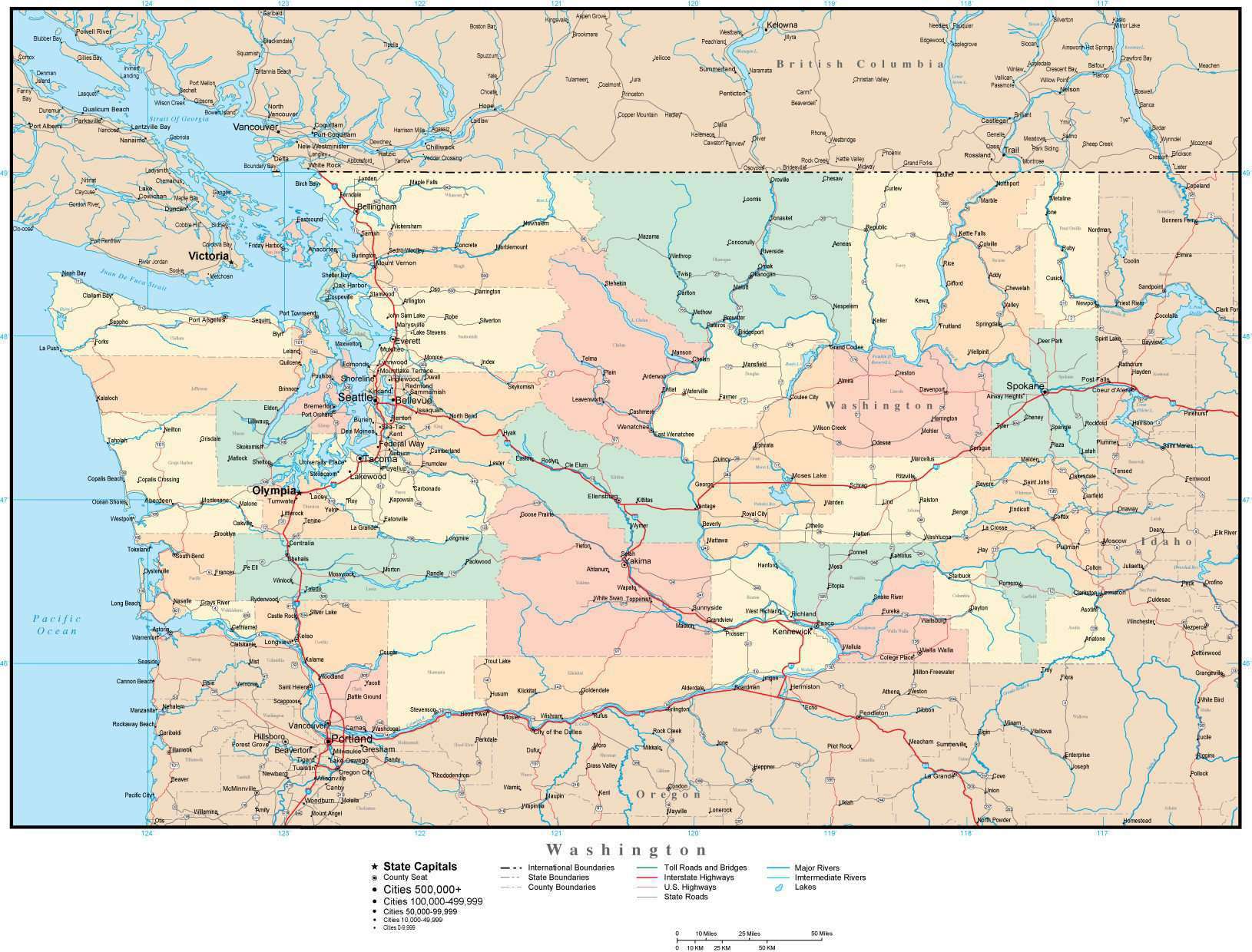 Washington Map with Counties, Cities, County Seats, Major Roads, Rivers and  Lakes