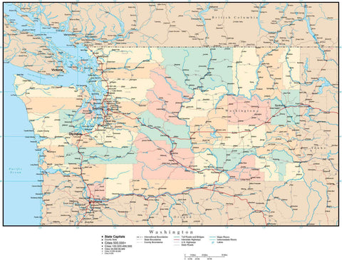Washington Map with Counties, Cities, County Seats, Major Roads, Rivers and Lakes