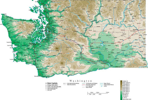 Washington Map  with Contour Background - Cut Out Style