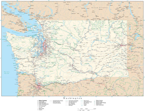 Detailed Washington Digital Map with County Boundaries, Cities, Highways, and more
