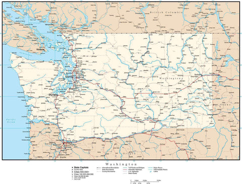 Washington Map with Capital, County Boundaries, Cities, Roads, and Water Features
