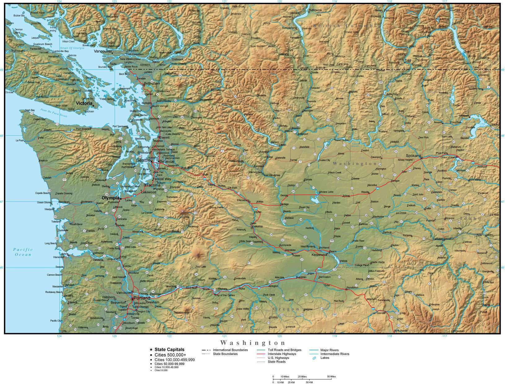 Washington State Map Plus Terrain with Cities & Roads