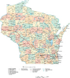 Wisconsin State Map - Multi-Color Cut-Out Style - with Counties, Cities, County Seats, Major Roads, Rivers and Lakes