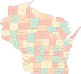 Multi Color Wisconsin Map with Counties and County Names