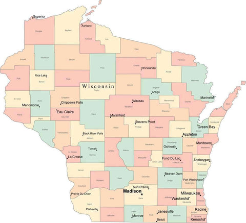 Multi Color Wisconsin Map with Counties, Capitals, and Major Cities