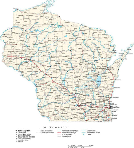 Wisconsin Map - Cut Out Style - with Capital, County Boundaries, Cities, Roads, and Water Features