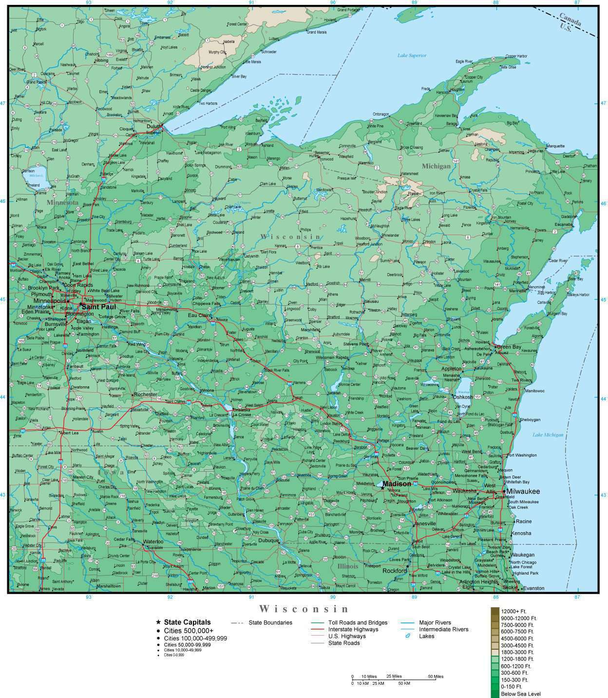 Wisconsin Map With Scale Digital Wisconsin Contour map in Adobe Illustrator vector format WI-USA ...