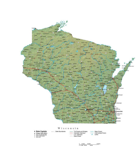 Digital Wisconsin State Illustrator cut-out style vector with Terrain WI-USA-242012