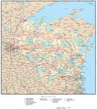 Wisconsin Map with Counties, Cities, County Seats, Major Roads, Rivers and Lakes