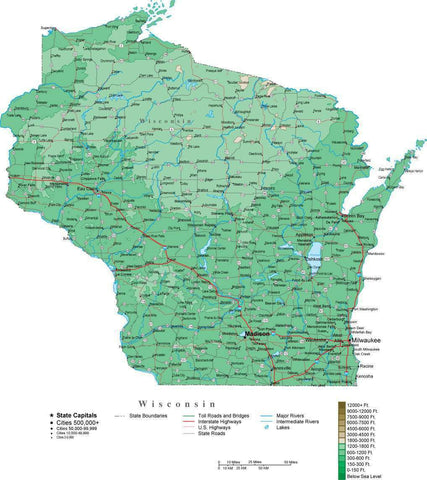 High Resolution Wisconsin Map Wisconsin Contour Map in Adobe Illustrator Digital Vector Format