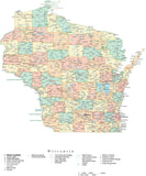 Detailed Wisconsin Cut-Out Style Digital Map with Counties, Cities, Highways, and more