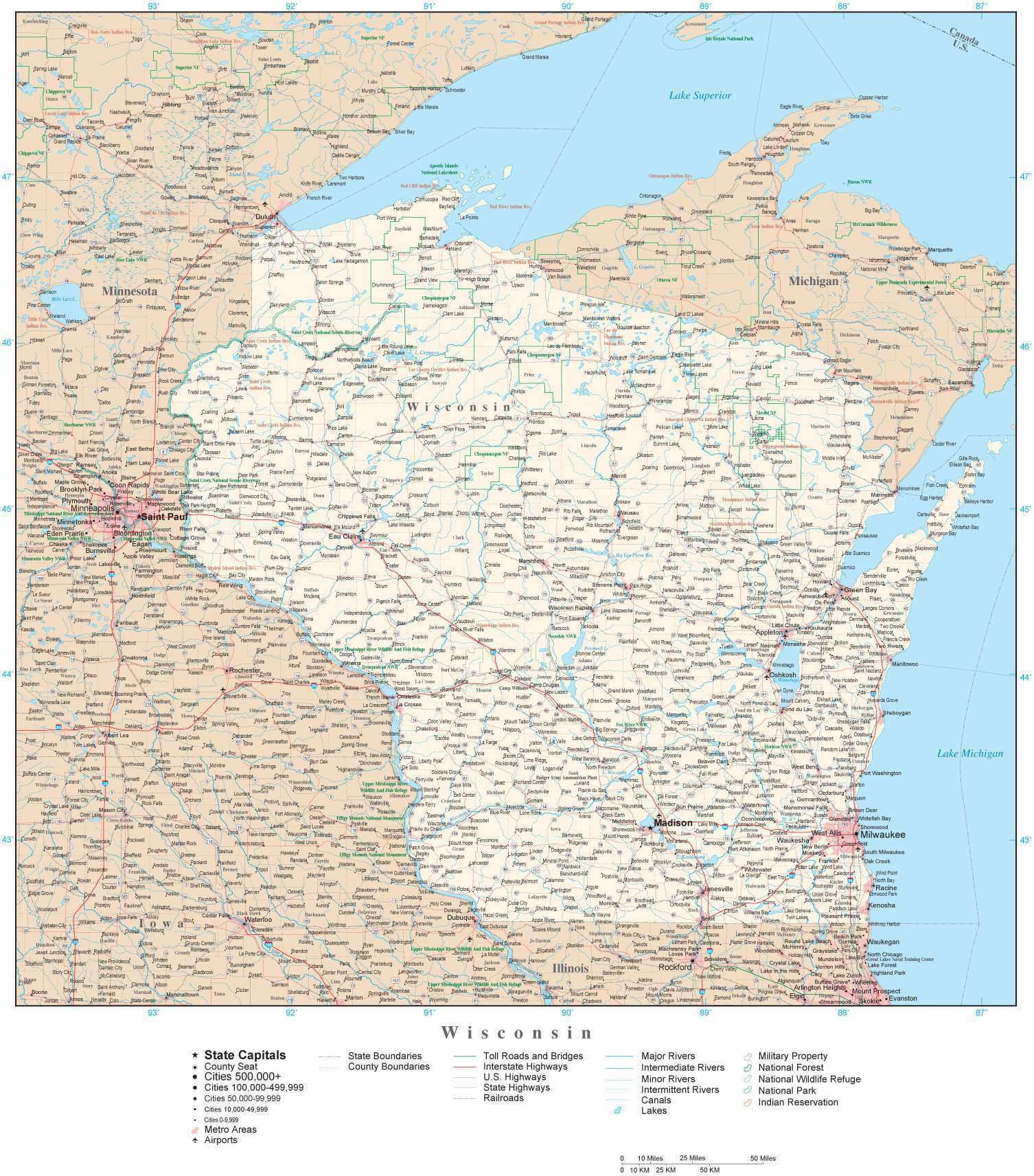 Wisconsin Map With Scale Wisconsin Detailed Map in Adobe Illustrator vector format. Detailed ...